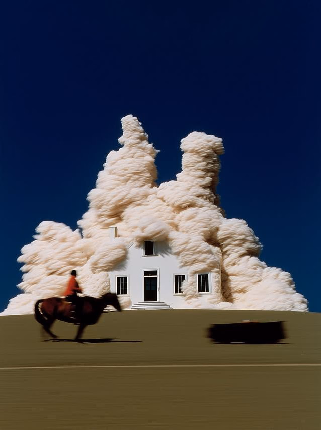 A rider galloping past a white house swallowed by pale foam