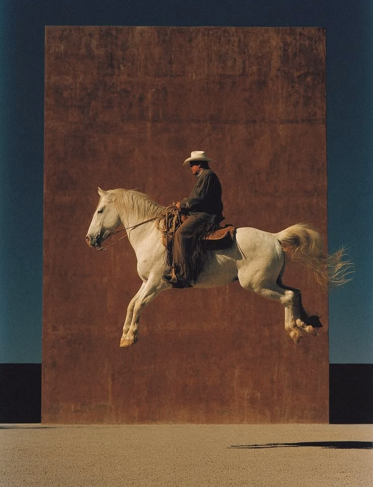 A rider on a white horse mid-leap in front of a rusted steel wall