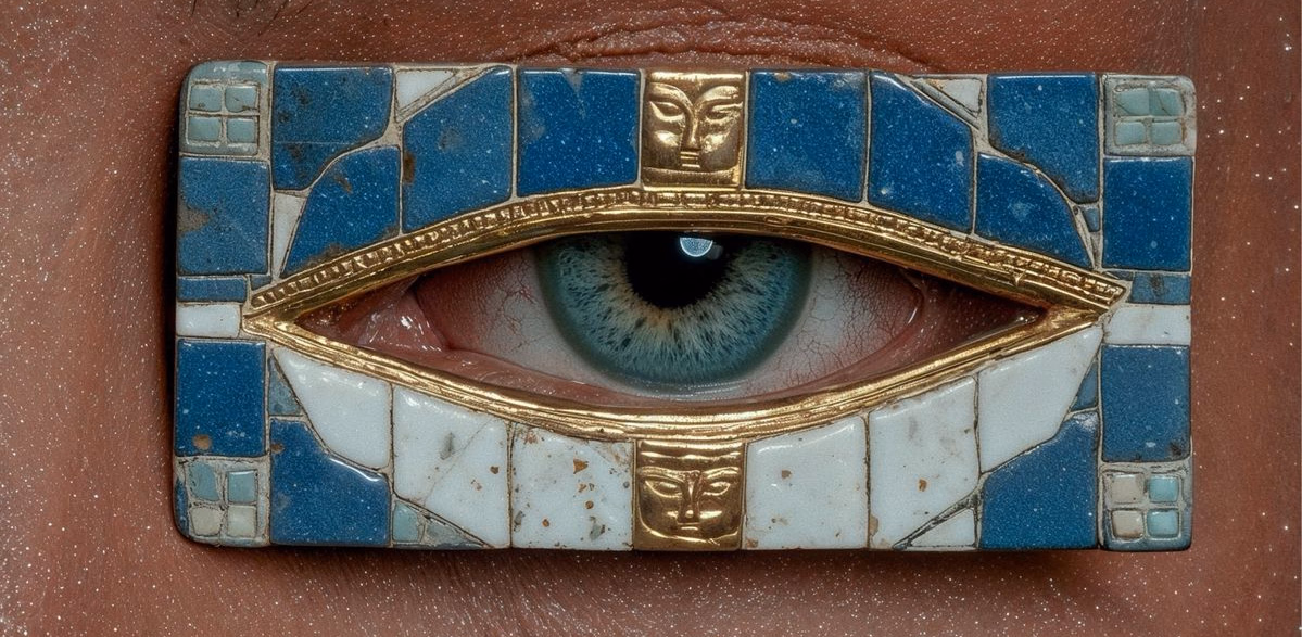 An eye set into a mosaic of lapis, gold and white stone