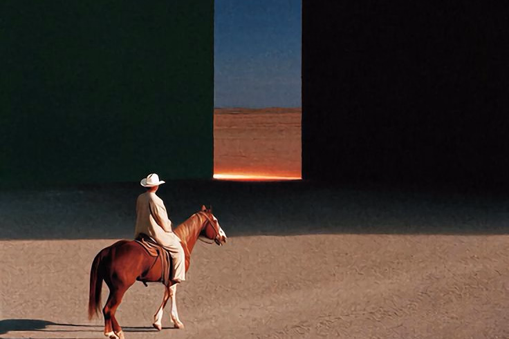 A rider facing a tall doorway cut through a dark wall, desert glowing beyond it