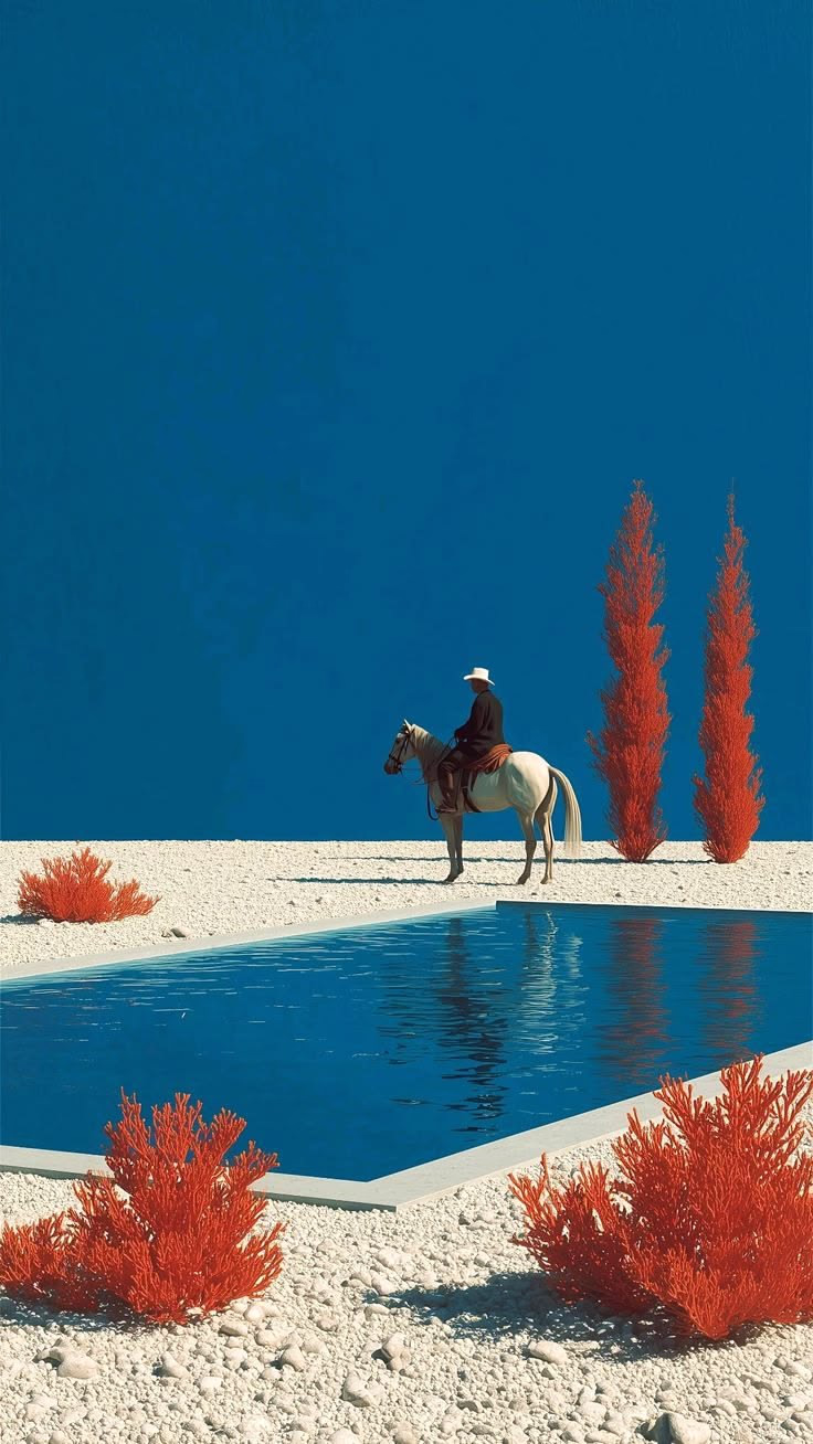 A rider on a white horse beside a pool, red shrubs against a deep blue wall