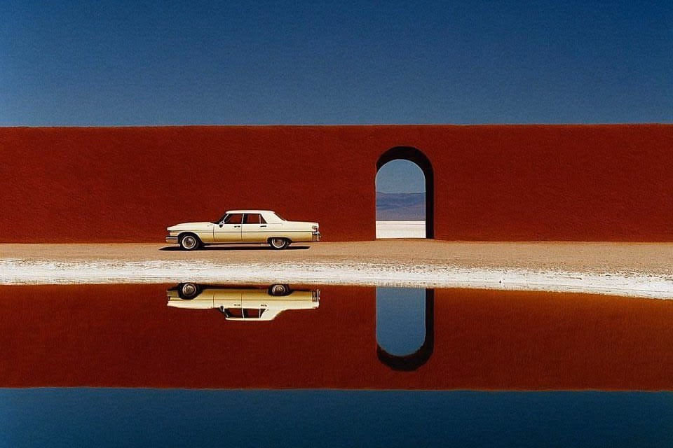 A pale car parked against a red wall on a salt flat, mirrored in the water