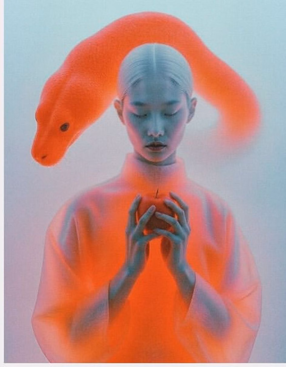 A figure holding something luminous in both hands, a shape curving above the head