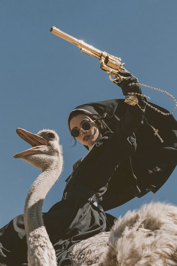 A nun riding an ostrich with a gold revolver raised
