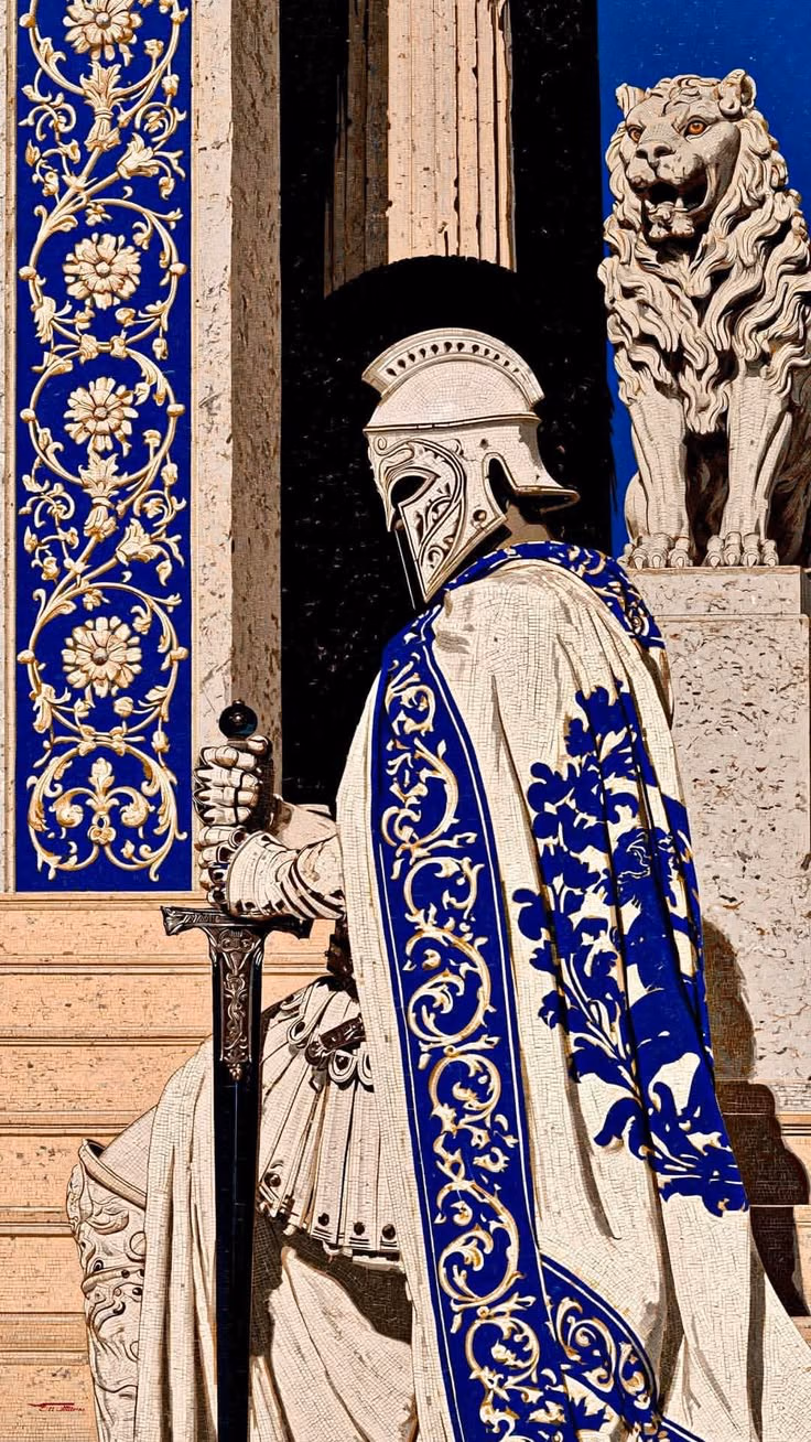 A figure in a blue-embroidered robe beside a stone lion