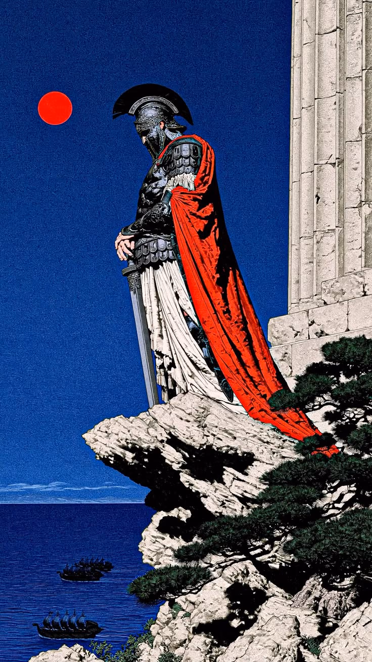 A helmeted figure in a red cloak on a cliff above a fleet, under a red sun