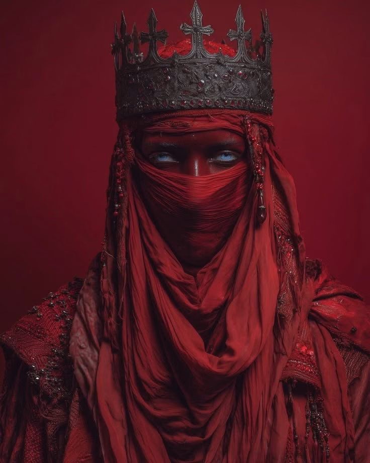 A crowned and veiled figure in red, facing forward