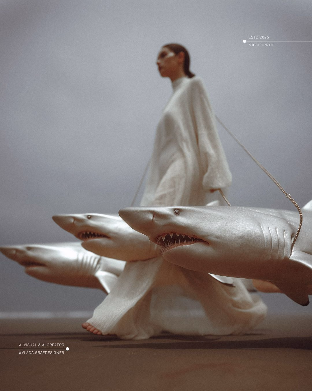 A figure in white on a white backdrop with sculpted sharks at her feet