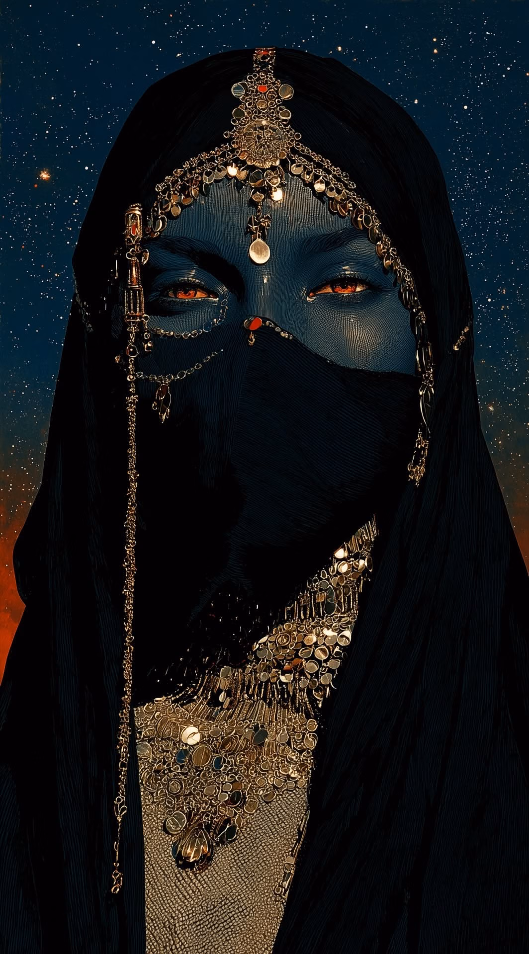 A woman veiled below the eyes, with gold at the brow and throat