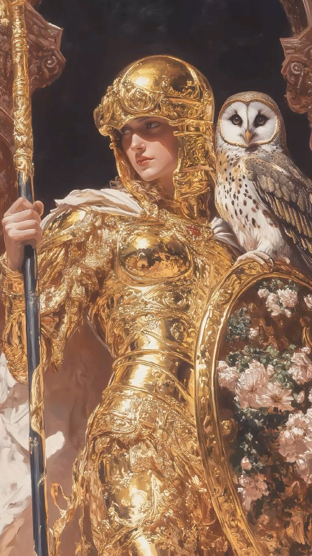 A figure in gilded armour with an owl on her shoulder
