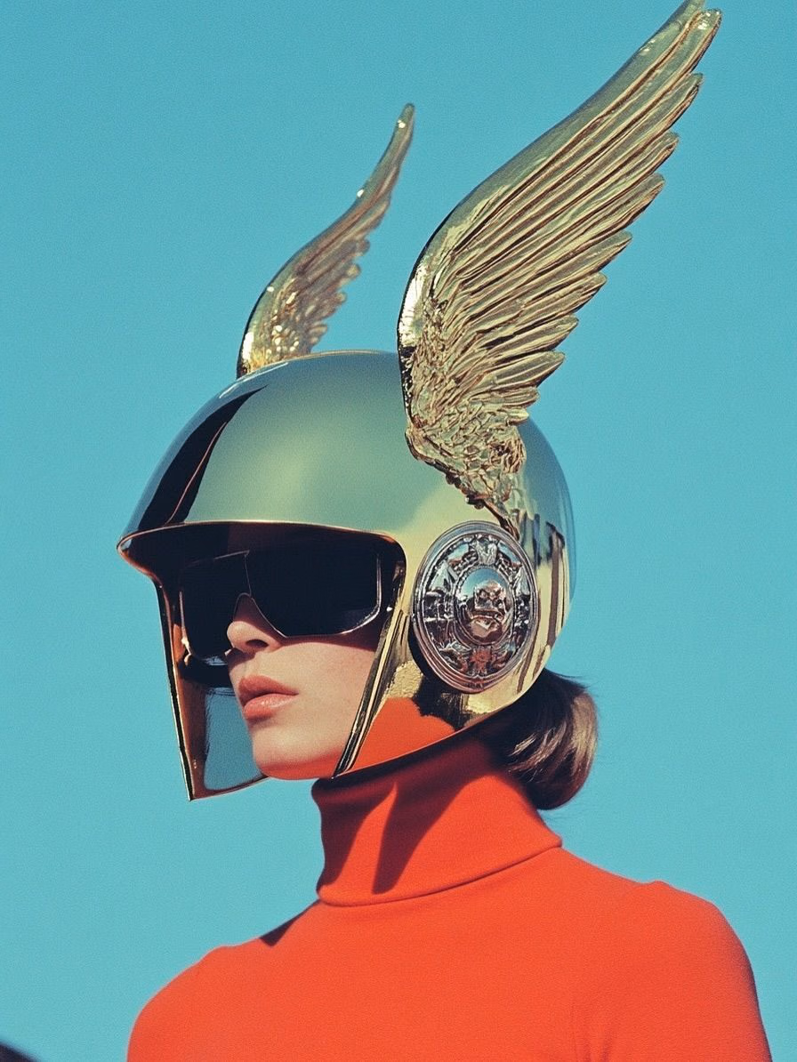 A woman in a winged helmet and a red high-necked top
