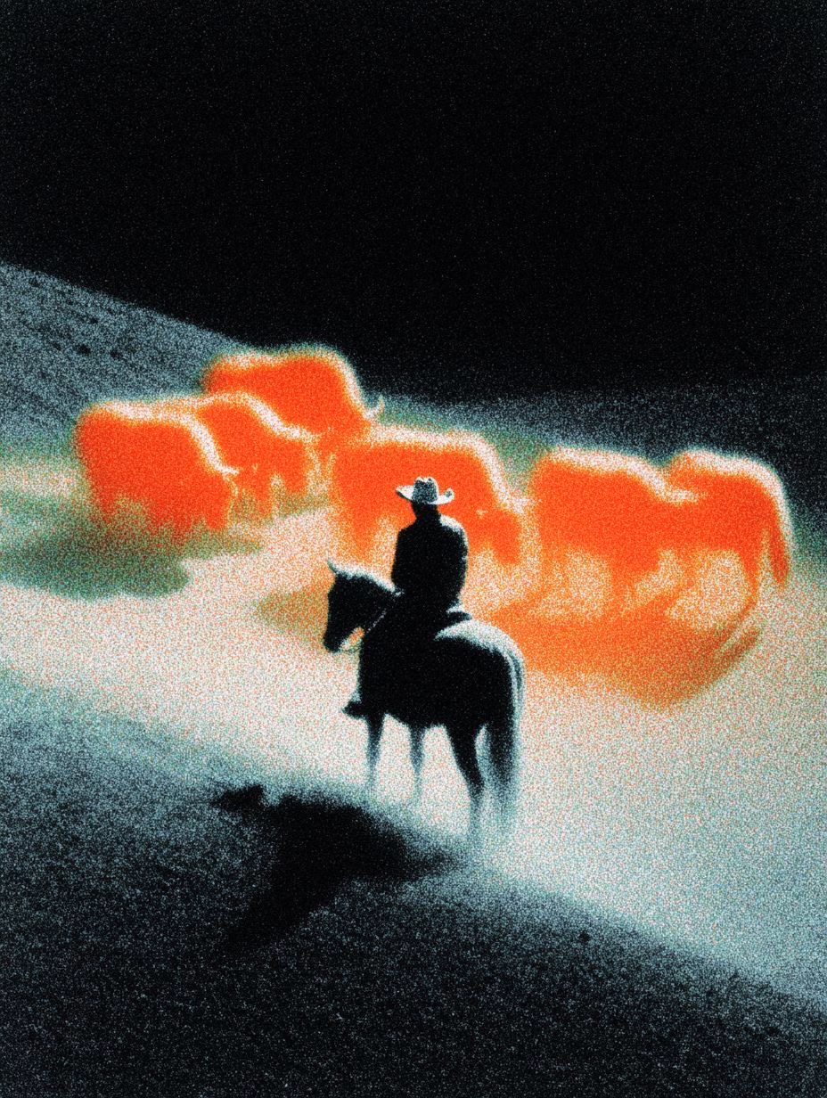 A rider on horseback in snow behind a run of orange horses