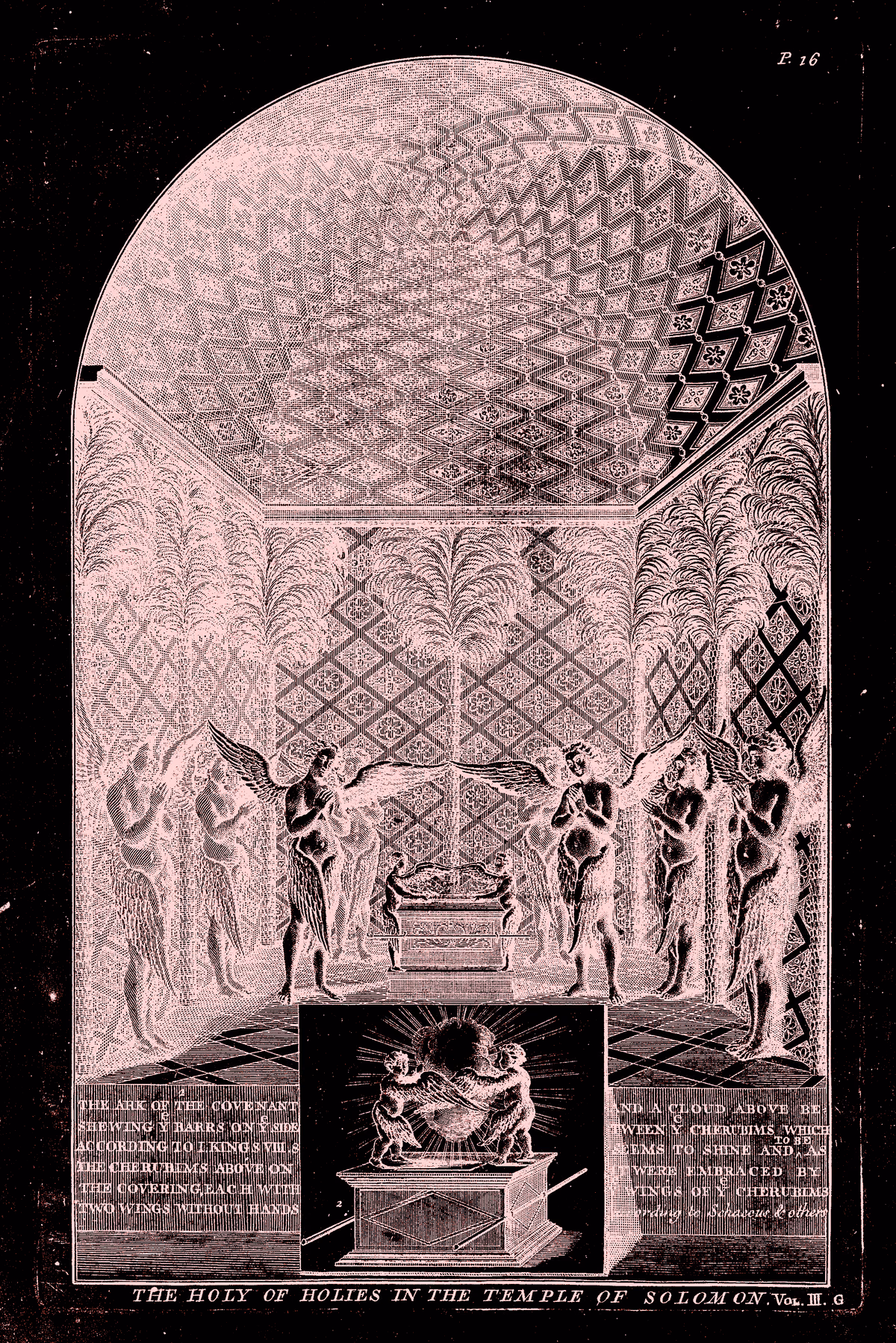 An engraved vaulted interior printed in pink