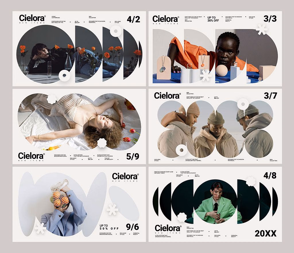 A grid of identical poster layouts filled with different pictures