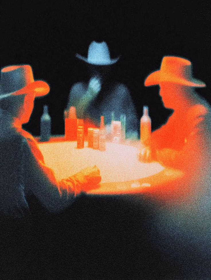 Three men in cowboy hats around a glowing table crowded with bottles, lit red from below