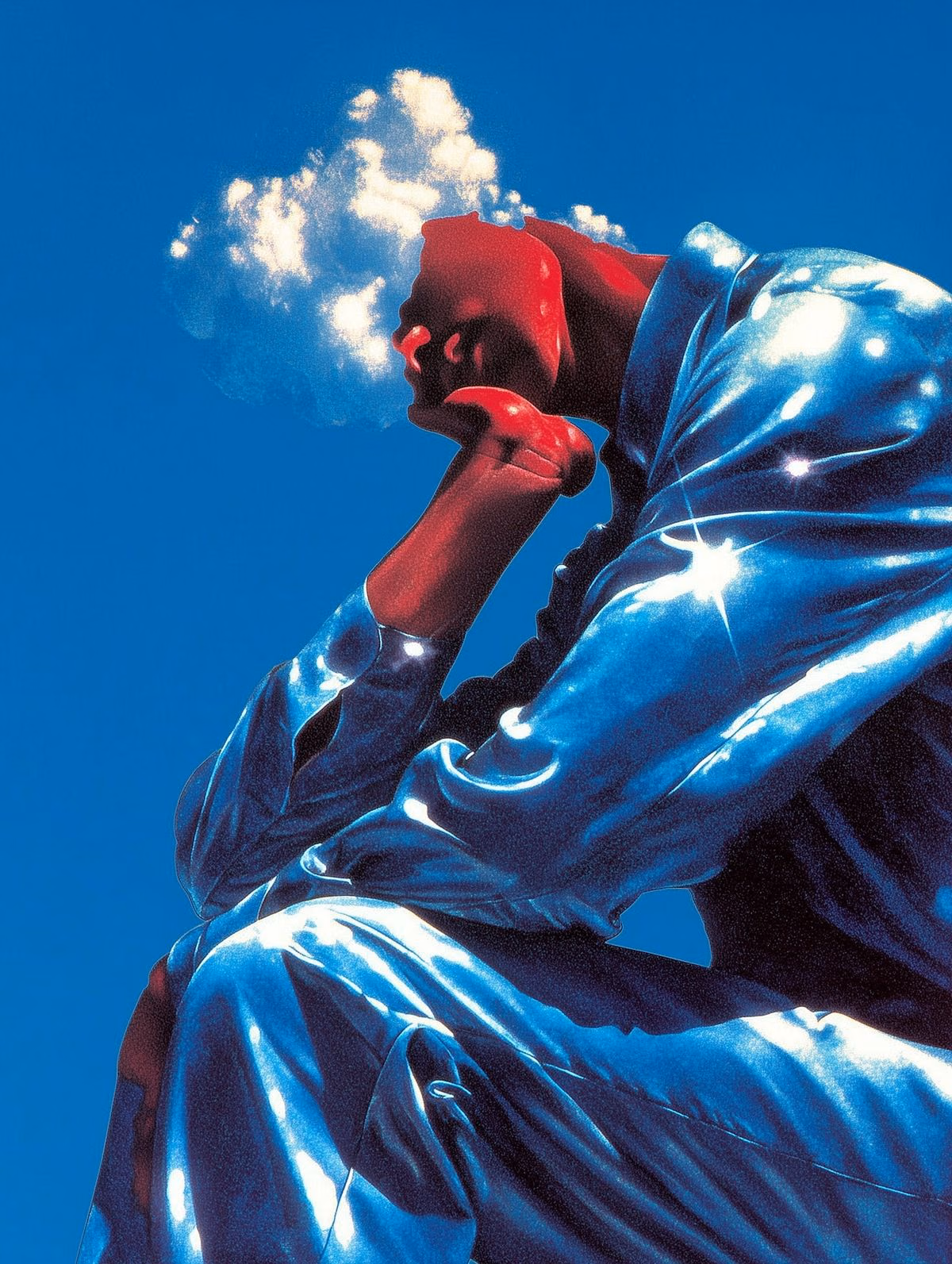 A figure in a blue patent suit sitting with head in hand, a cloud where the head should be