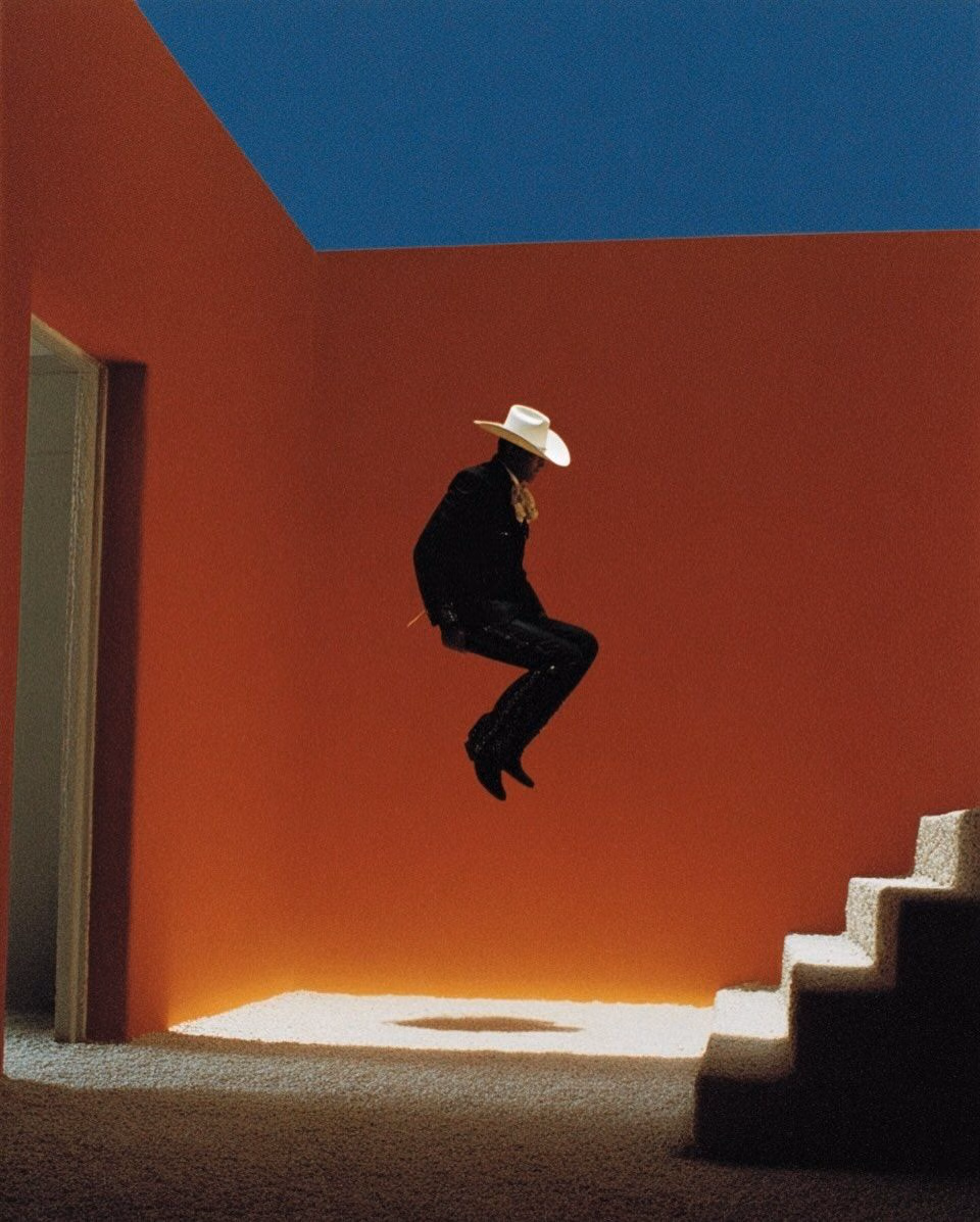 A man in a white cowboy hat caught mid-jump in a red courtyard, stairs climbing the wall beside him