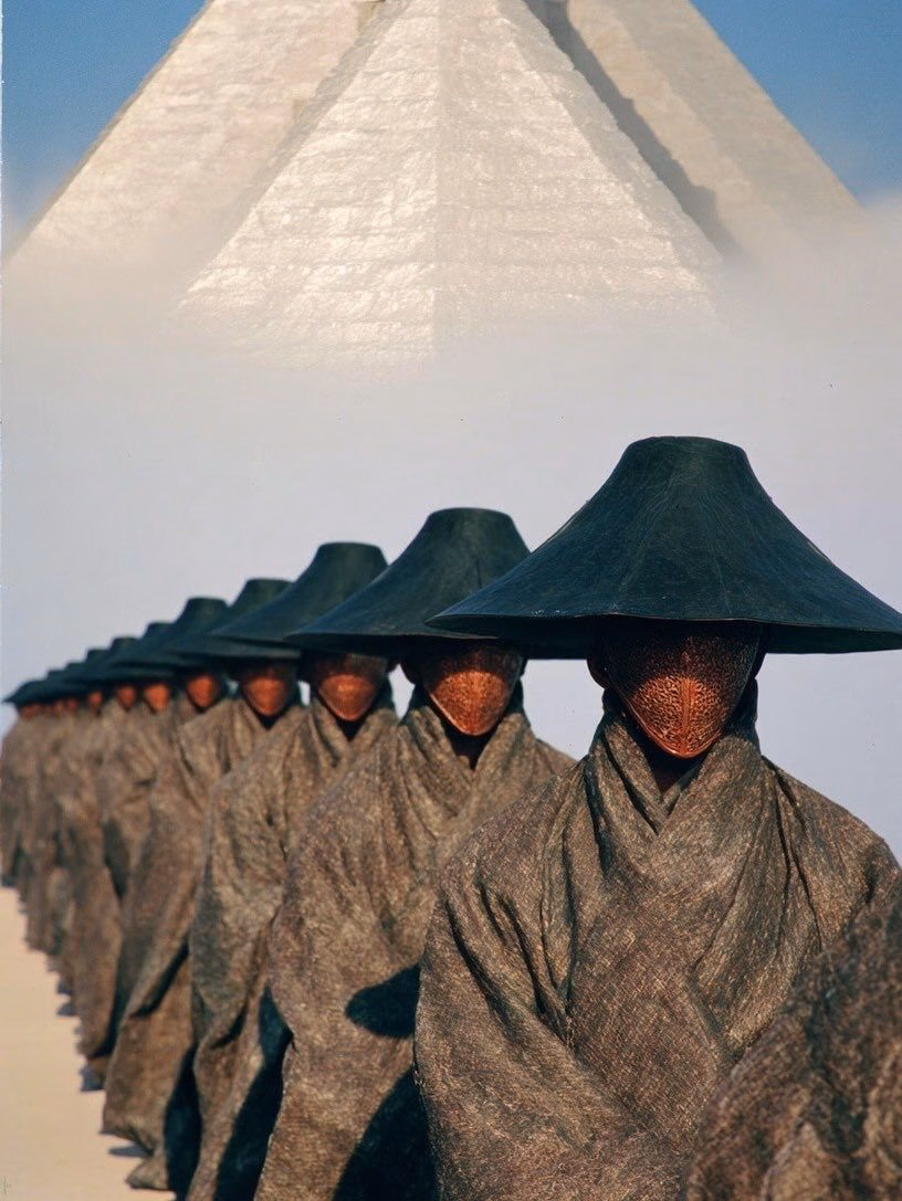 A long line of hooded figures under wide dark hats, a stepped pyramid in the fog behind them