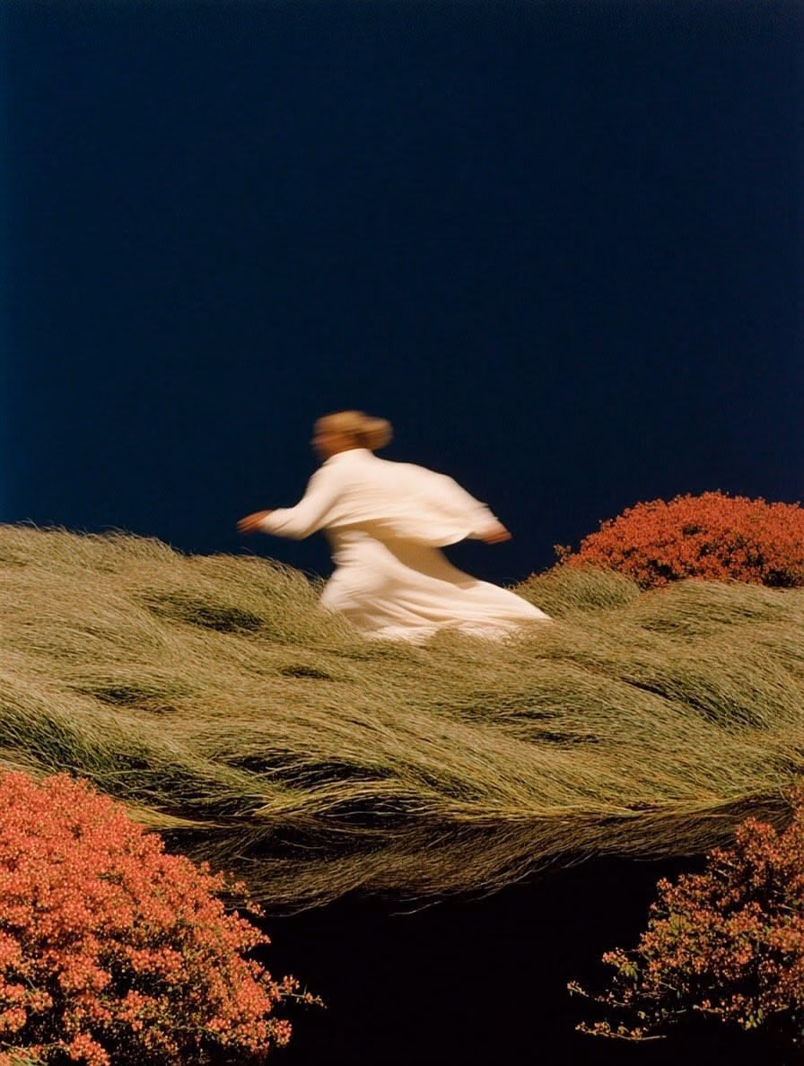 A figure in white running across a slope of windswept grass, red shrubs below