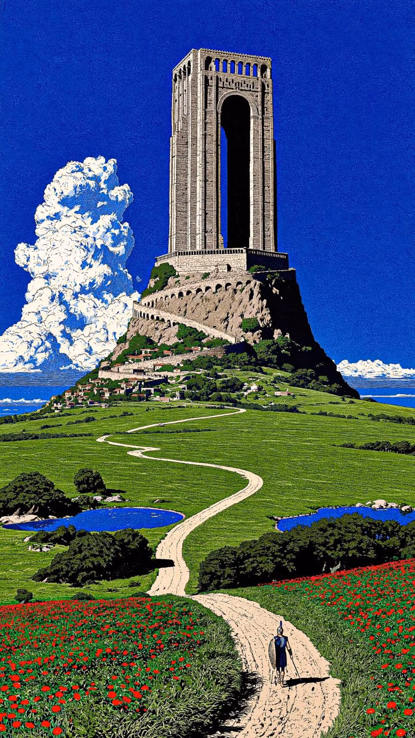 A lone walker on a winding road through red poppies toward a stone tower on a hill