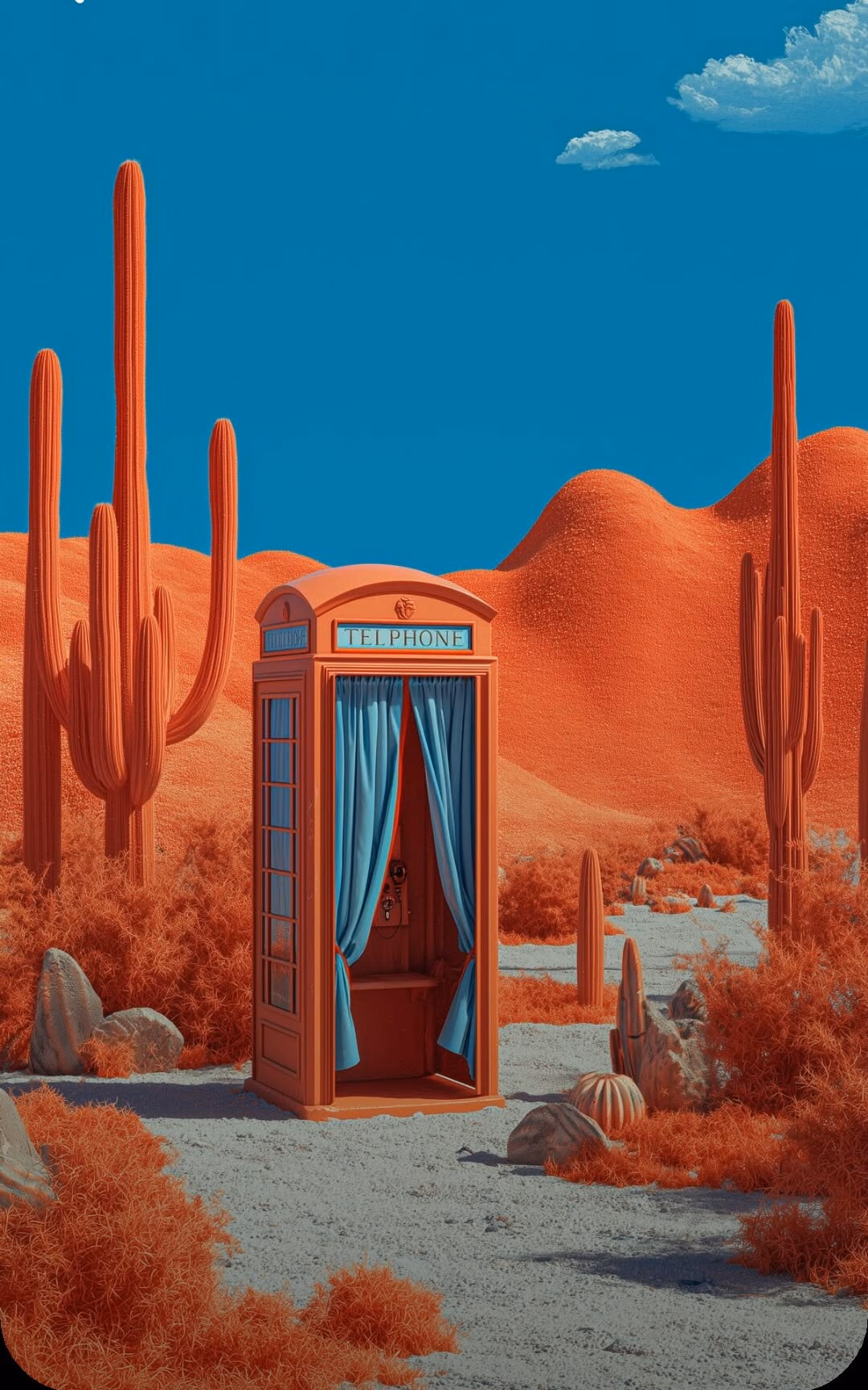A red telephone box with blue curtains standing alone in an orange desert of saguaro cacti