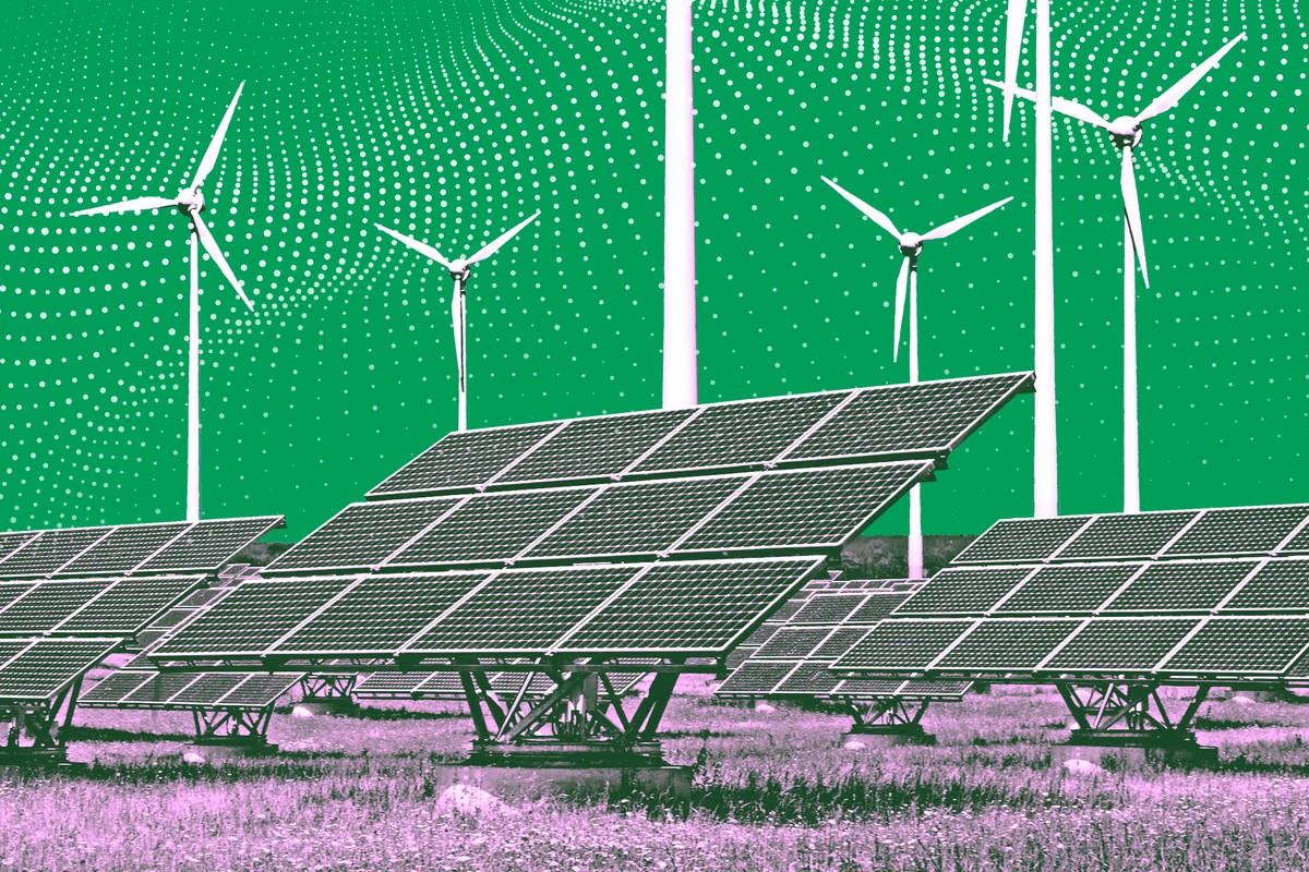 Vjetroelektrane iznad redova solarnih panela na livadi, fotografija obojena zeleno i roze, sa talasom tačaka preko neba