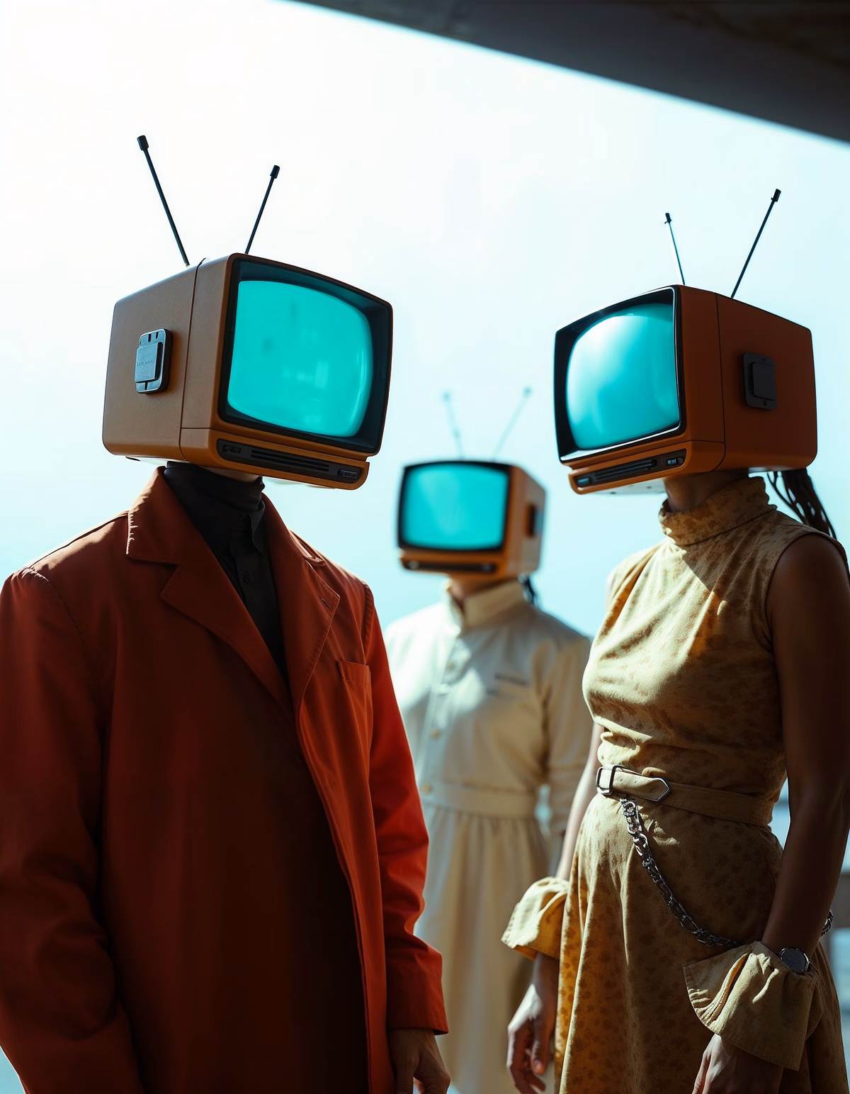 Tri figure sa starim narandžastim televizorima umjesto glava, ekrani svijetle tirkizno, jedna u dugom crvenom kaputu