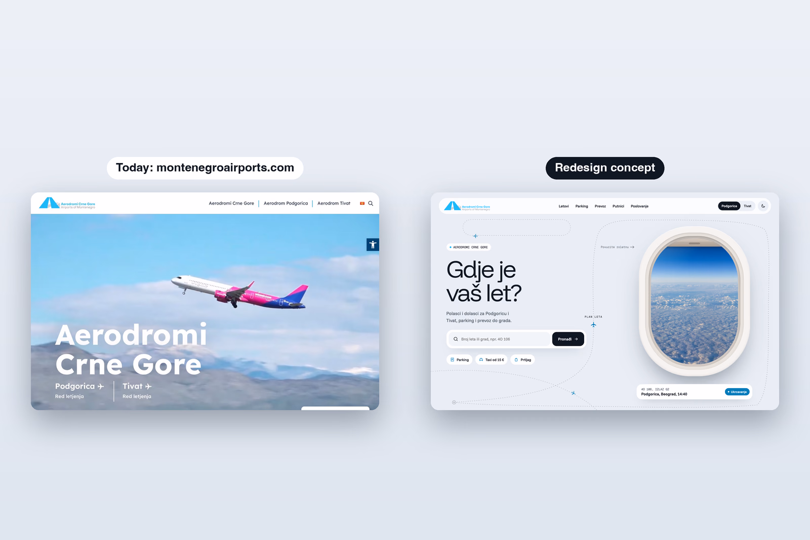 Prije i poslije: današnja početna strana montenegroairports.com pored redizajnirane strane sa pretragom letova i prozorom aviona