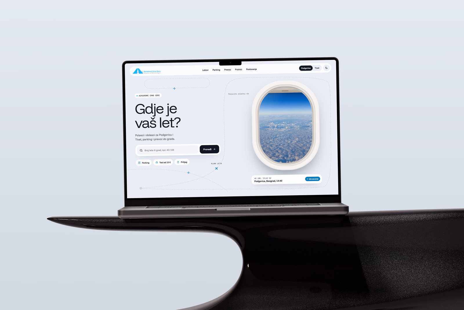 The redesigned Aerodromi Crne Gore homepage on a laptop: the headline Gdje je vaš let?, a flight search for Podgorica and Tivat and an aeroplane window with clouds