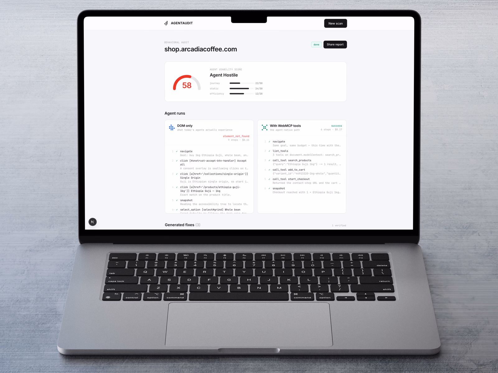 An Agent Usability Score of 58 for a real store, with DOM-only and WebMCP-assisted runs compared