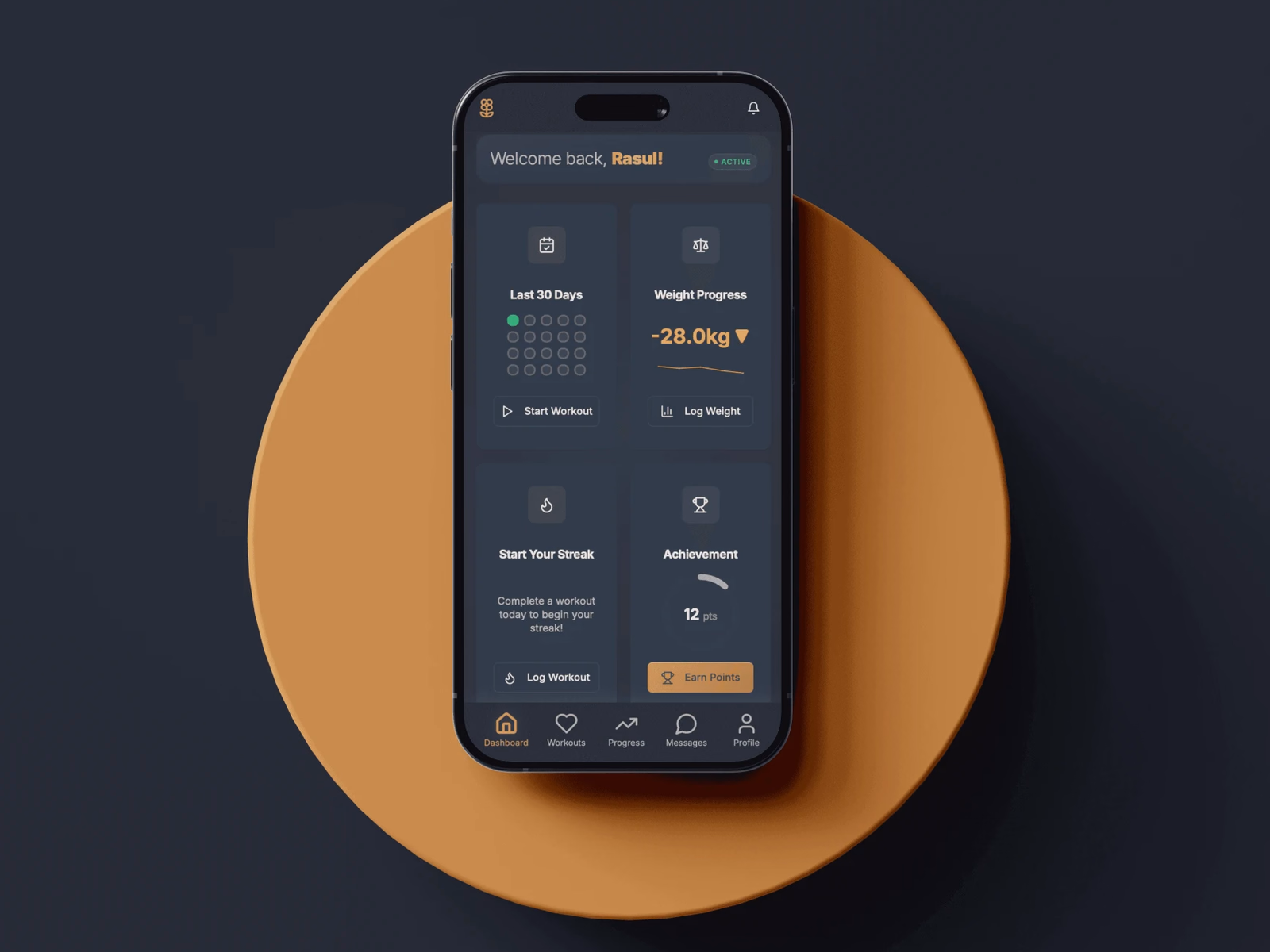 The client dashboard: a thirty day workout grid, a weight sparkline, a streak card and achievement points