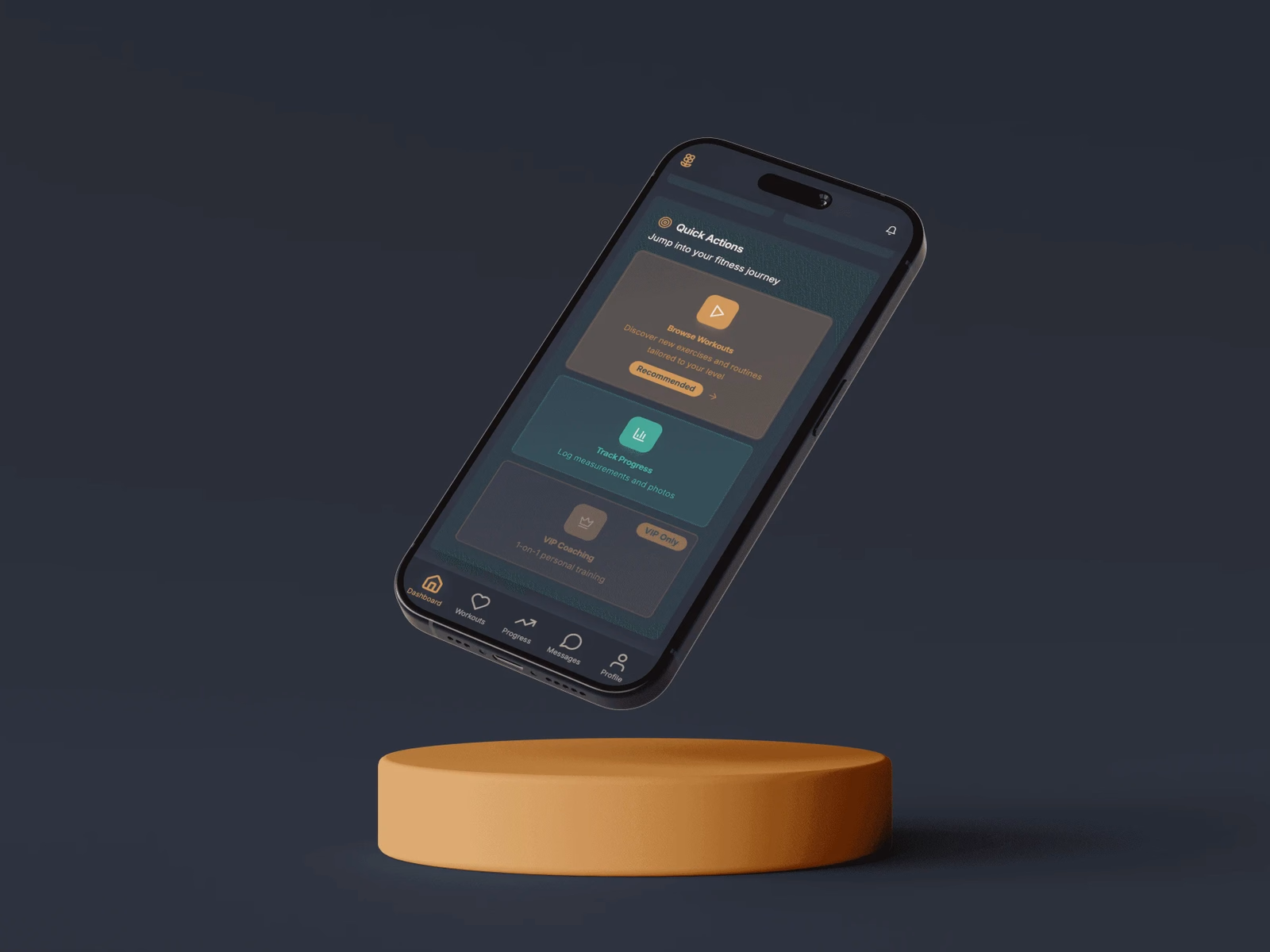 Quick actions on the dashboard: browse workouts, track progress, and one to one VIP coaching