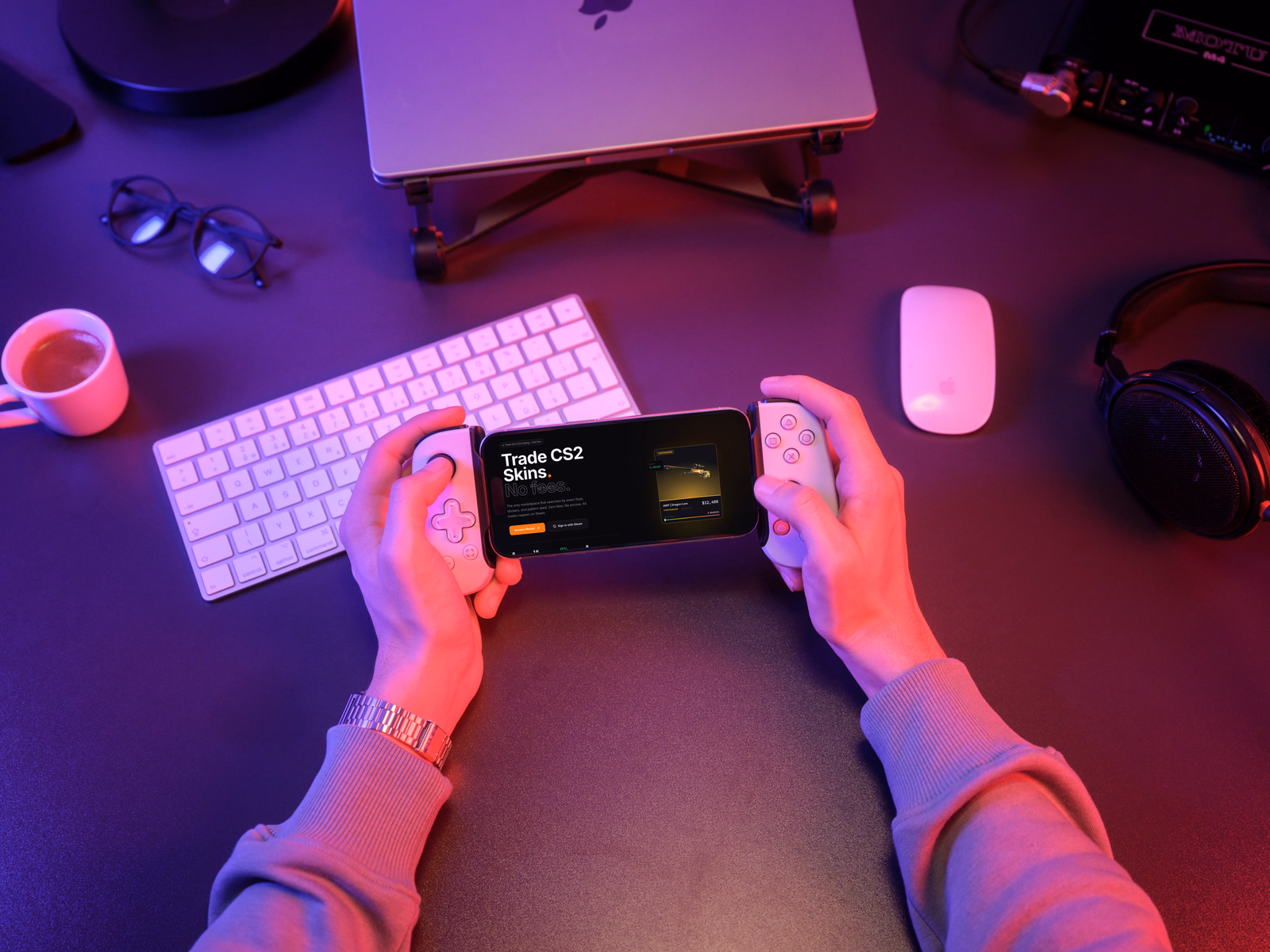 The marketplace open on a phone in a controller grip