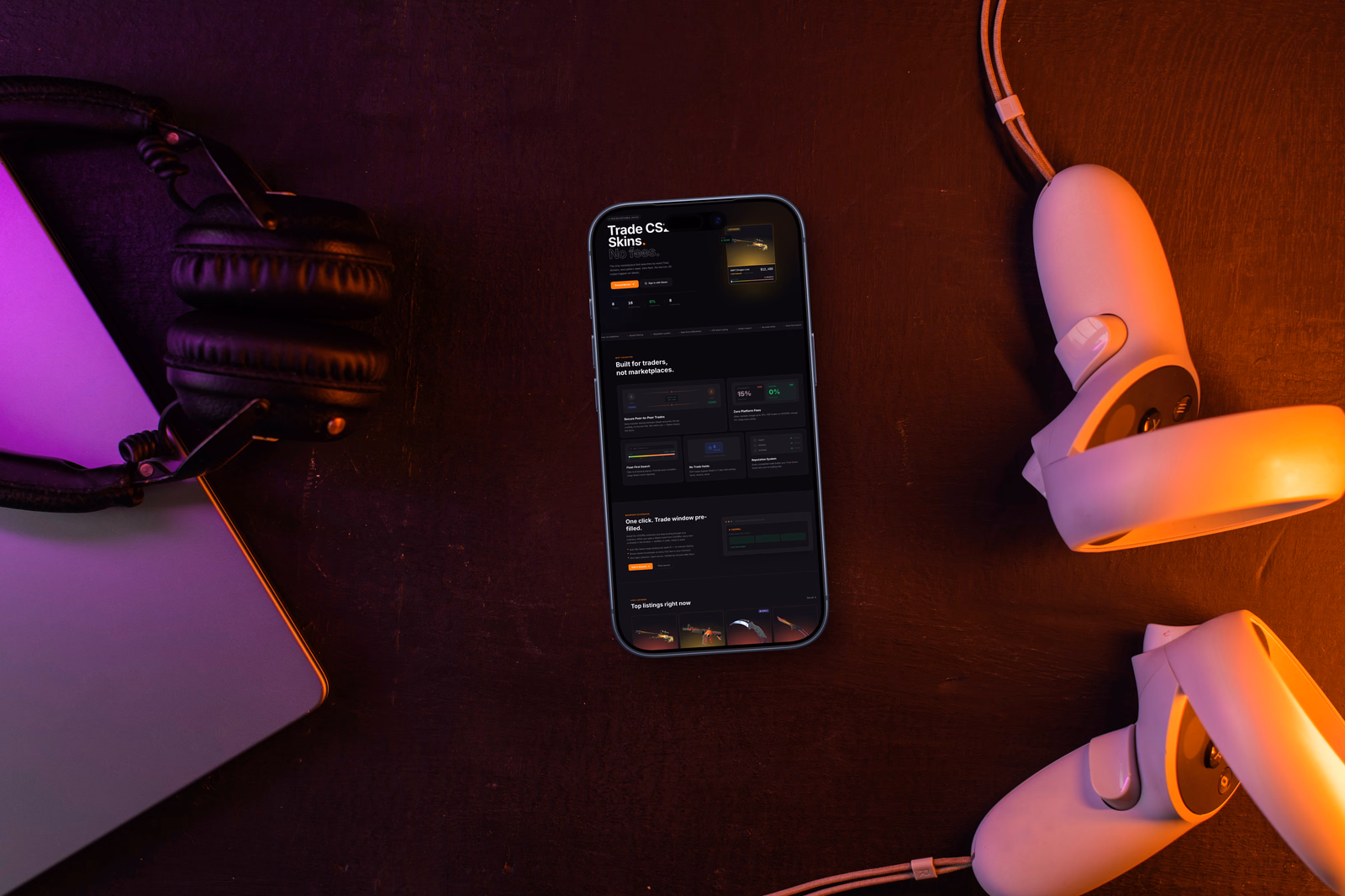 The CS2Offer landing page, headed Trade CS2 Skins. No fees.