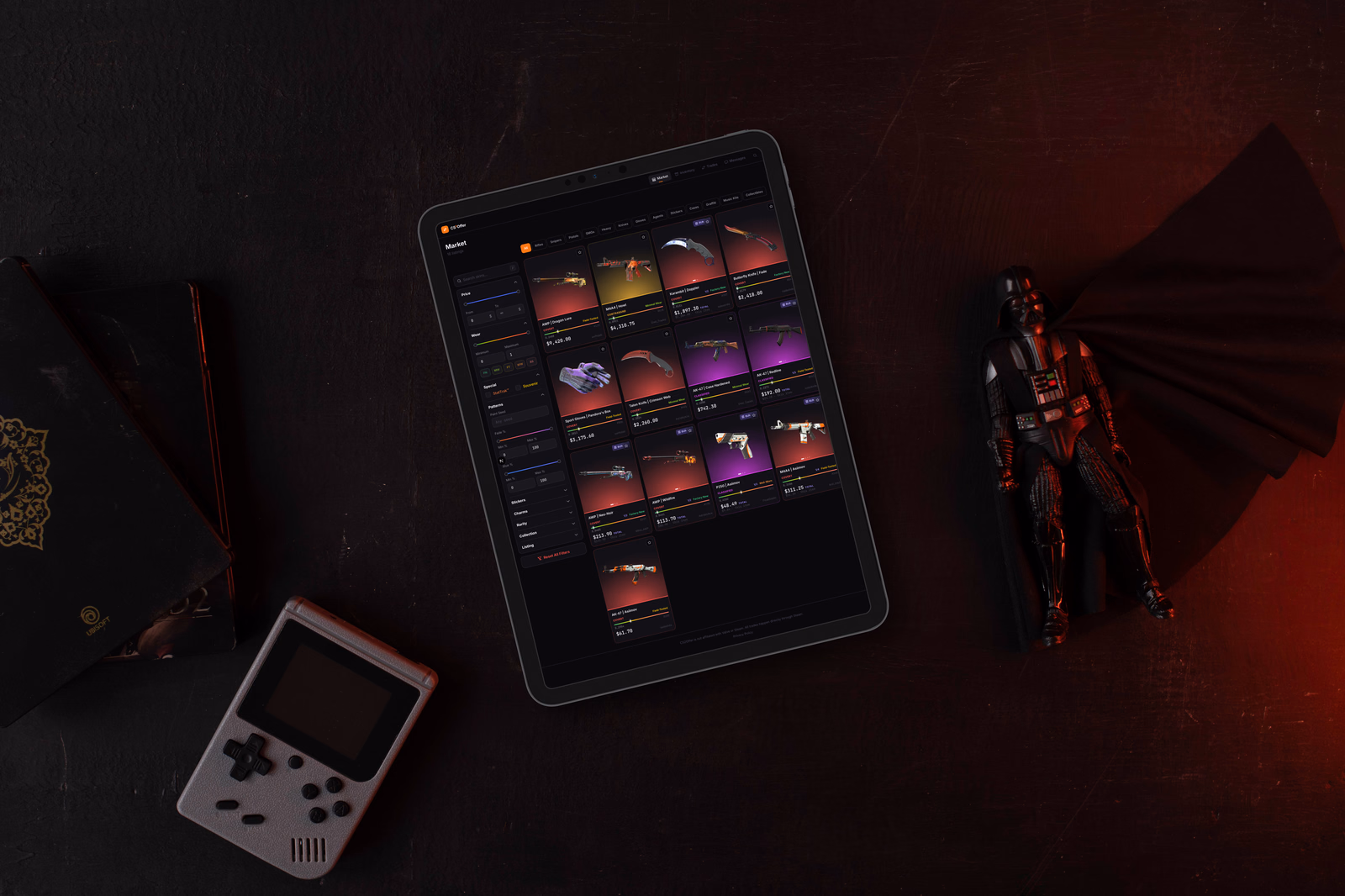 The market grid, skins filtered by price, wear, pattern and sticker