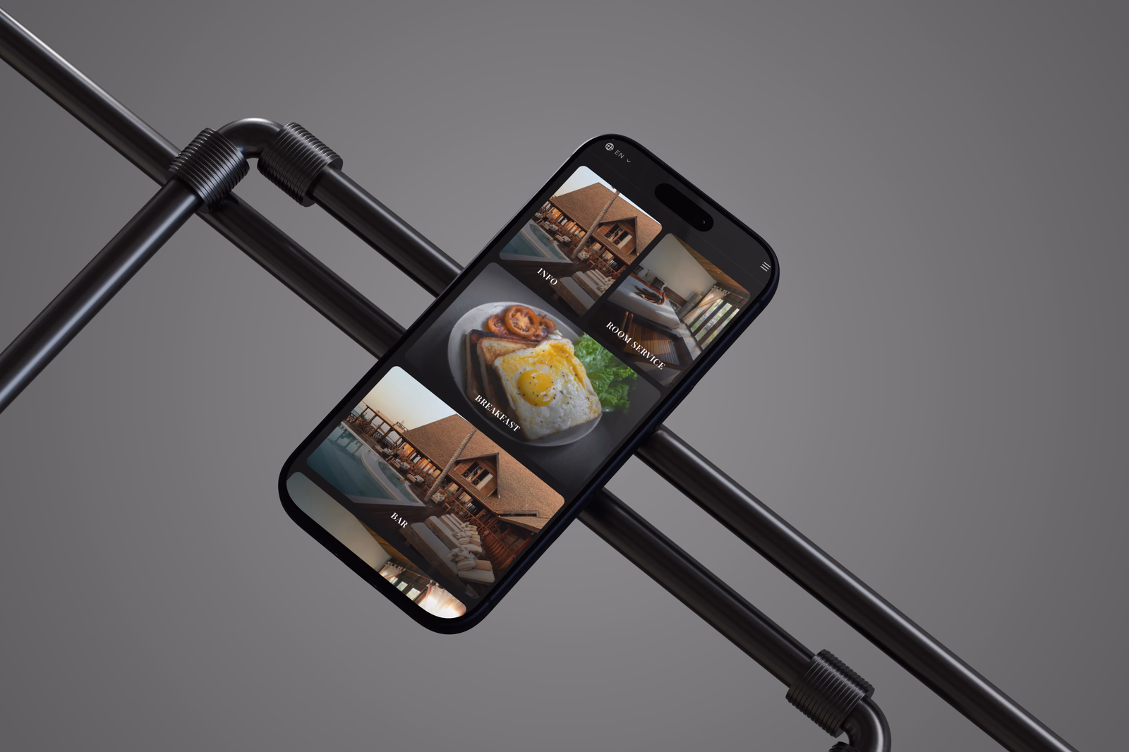The guest portal on a phone, showing a hotel’s service categories