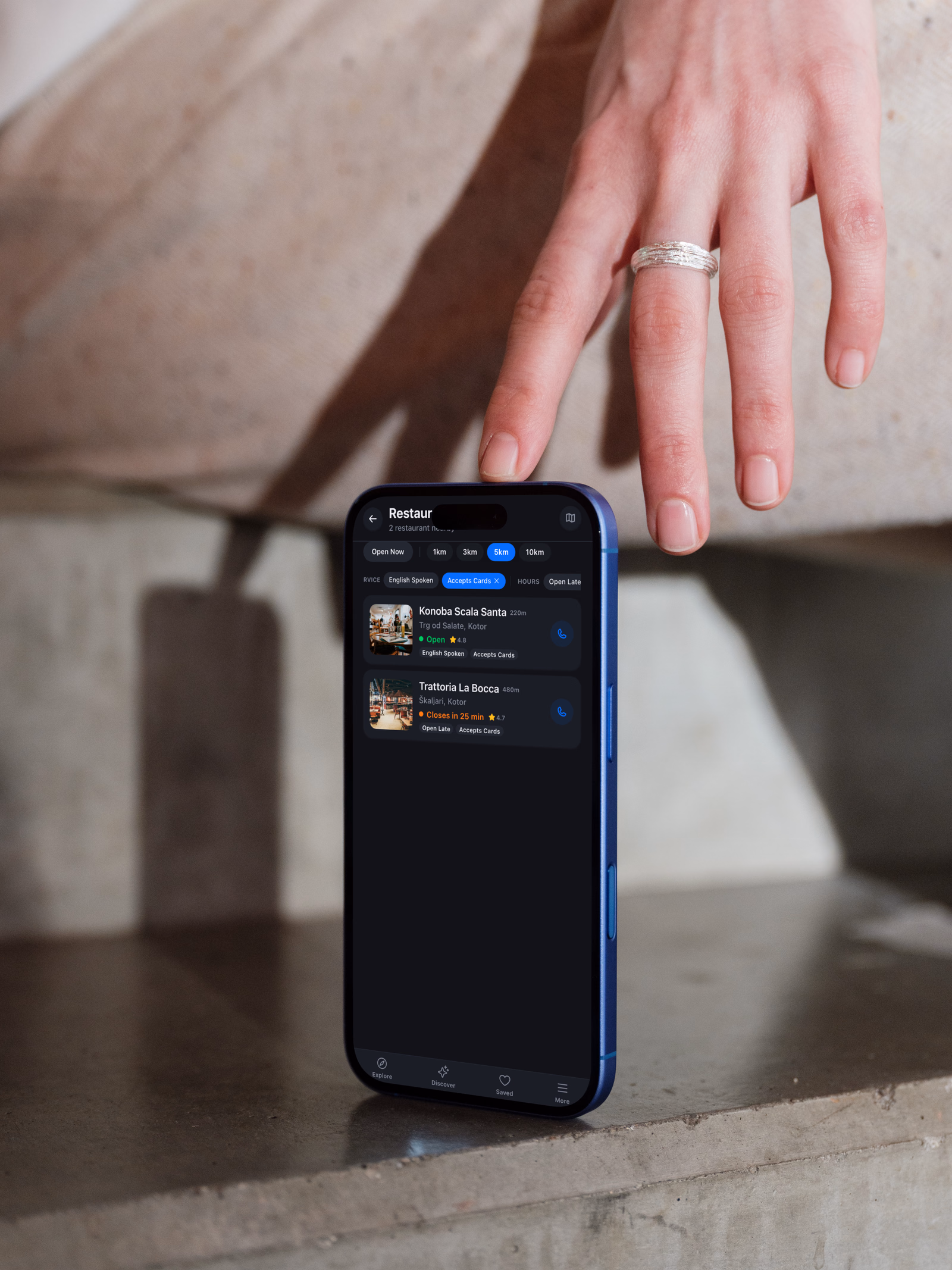 Restaurant results filtered to Accepts Cards within 5km, each showing whether it is open