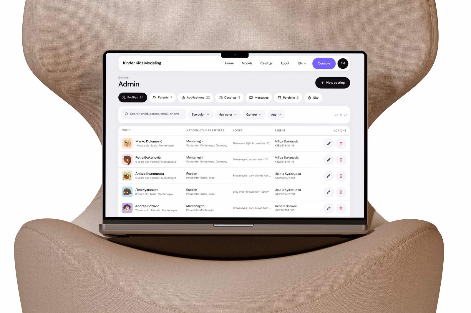 The admin dashboard, listing profiles with search, filters and per-child actions