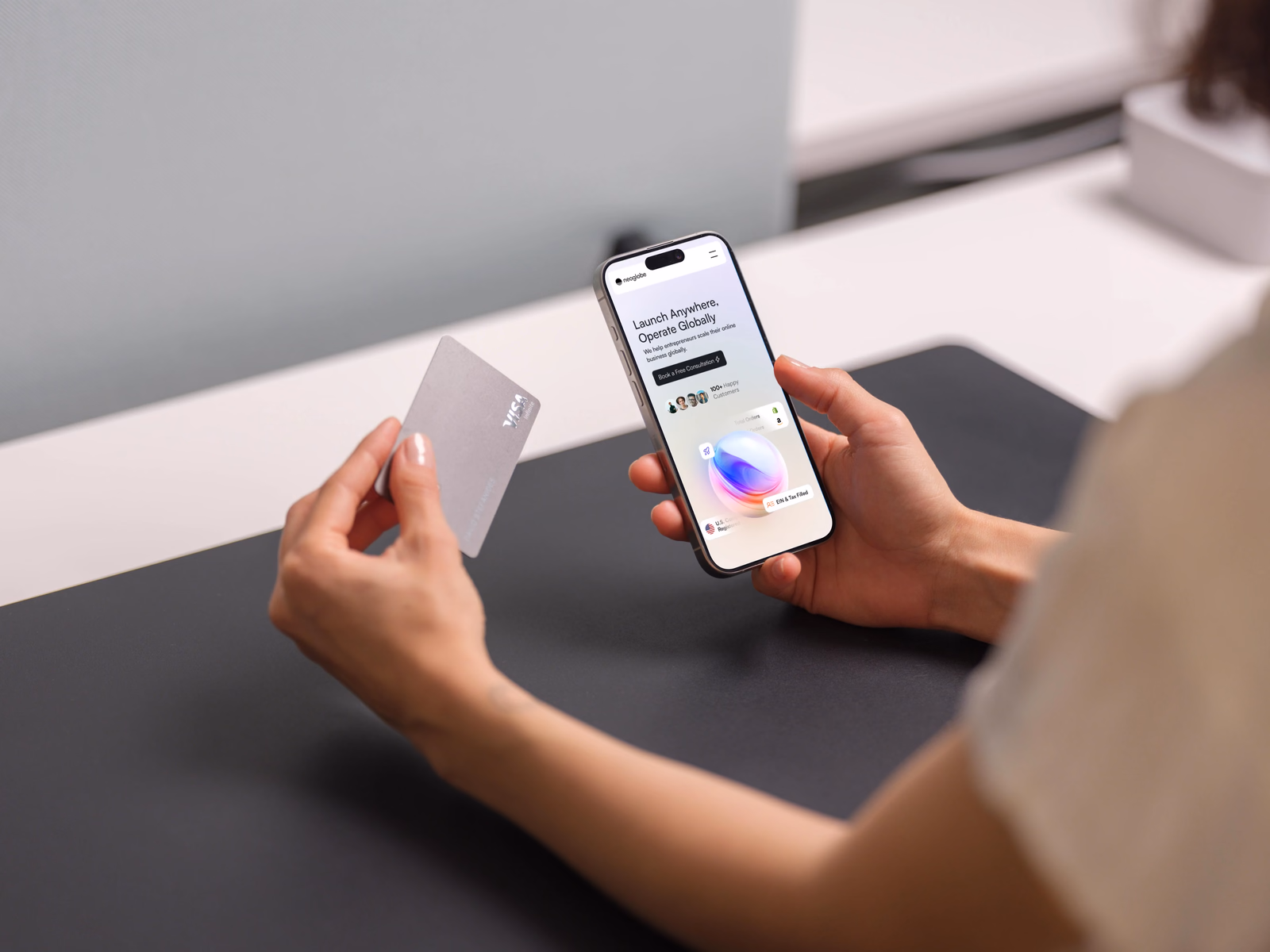 Neoglobe open on a phone, headed Launch Anywhere, Operate Globally