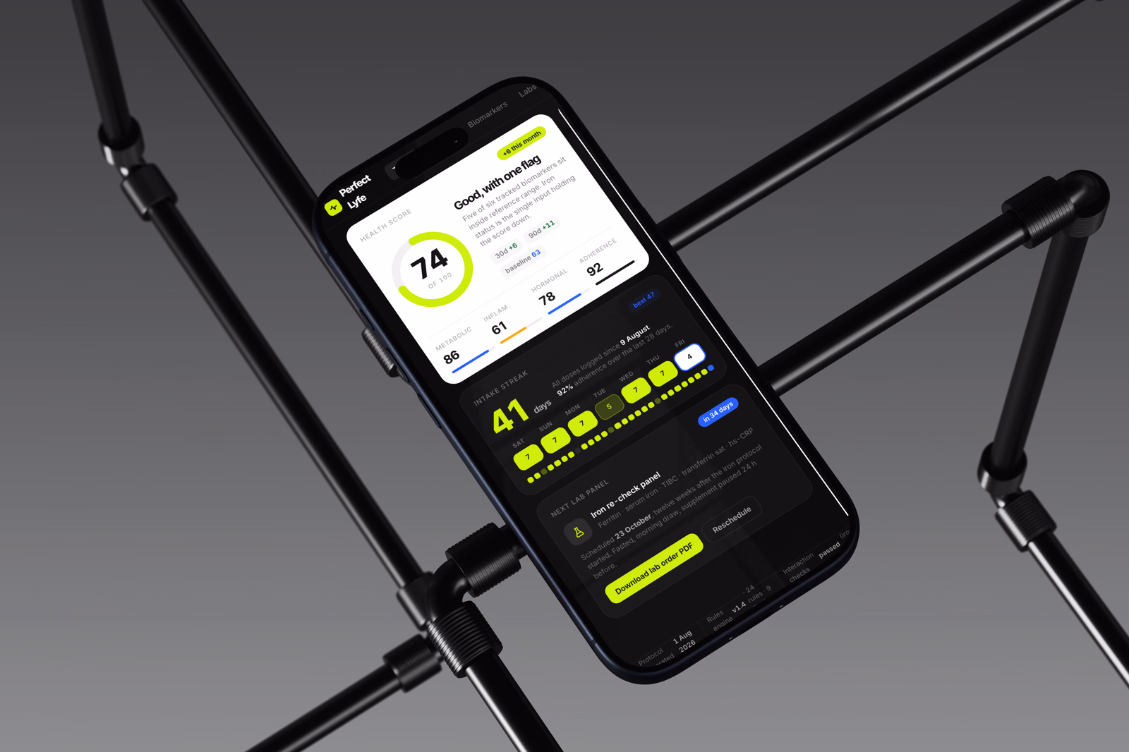 The dashboard: a health score held down by the one biomarker still outside range, an intake streak counting logged doses, and the next lab panel scheduled with its order ready to download