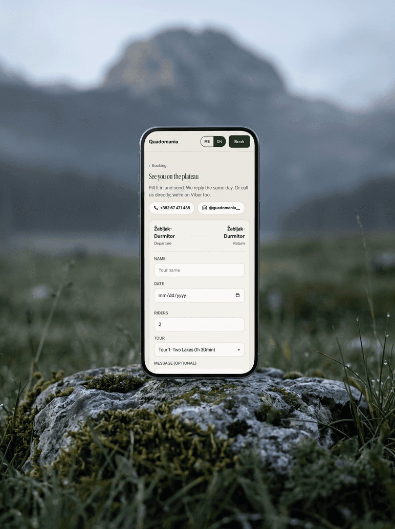 The booking form on a phone, with the tour pre-selected and the operator's number and Instagram above it