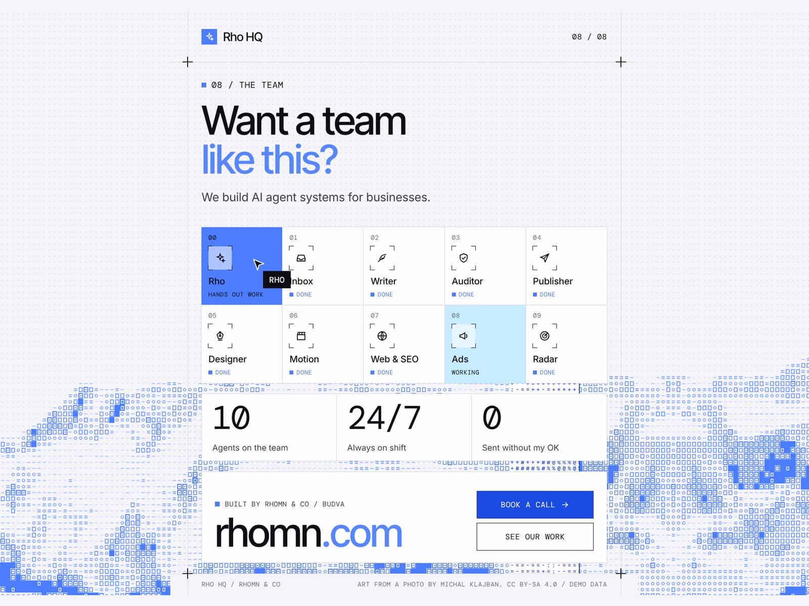 Posljednji Rho HQ slajd, Want a team like this?, sa deset agenata u mreži i rhomn.com ispod