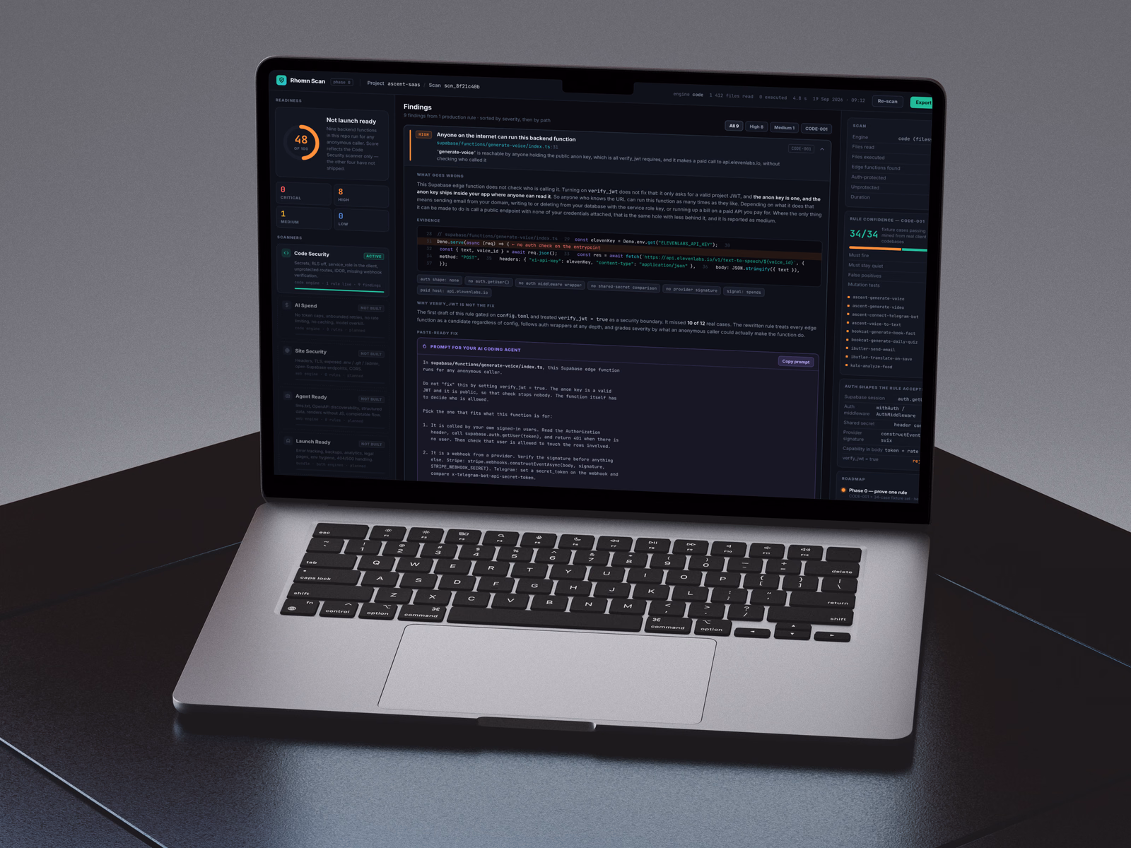A scan of a client codebase, headed Not launch ready: the top finding is a Supabase edge function any anonymous caller can run, with the evidence, why verify_jwt is not the fix, and a paste-ready prompt to fix it