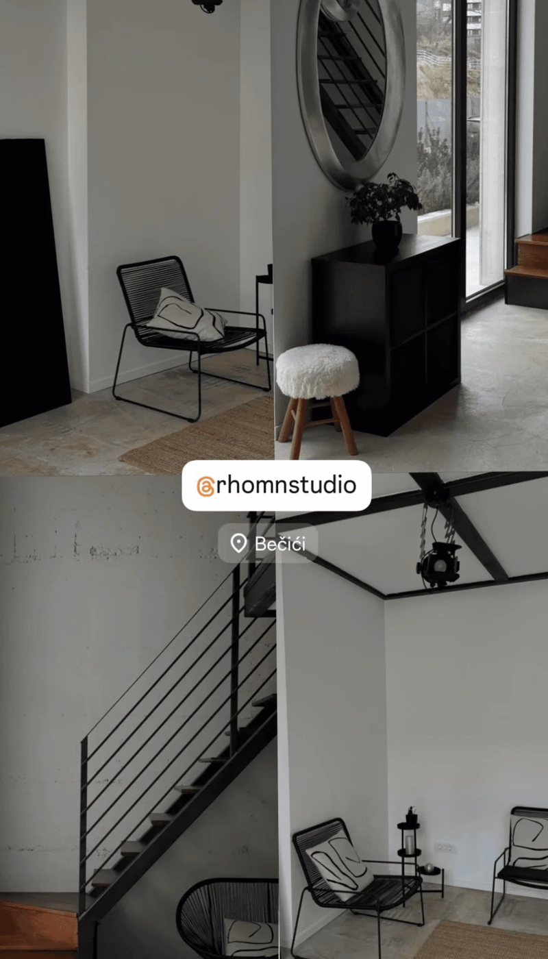 Four corners of the studio: the backdrop wall, the entrance with its round port window, the stair, and the lounge