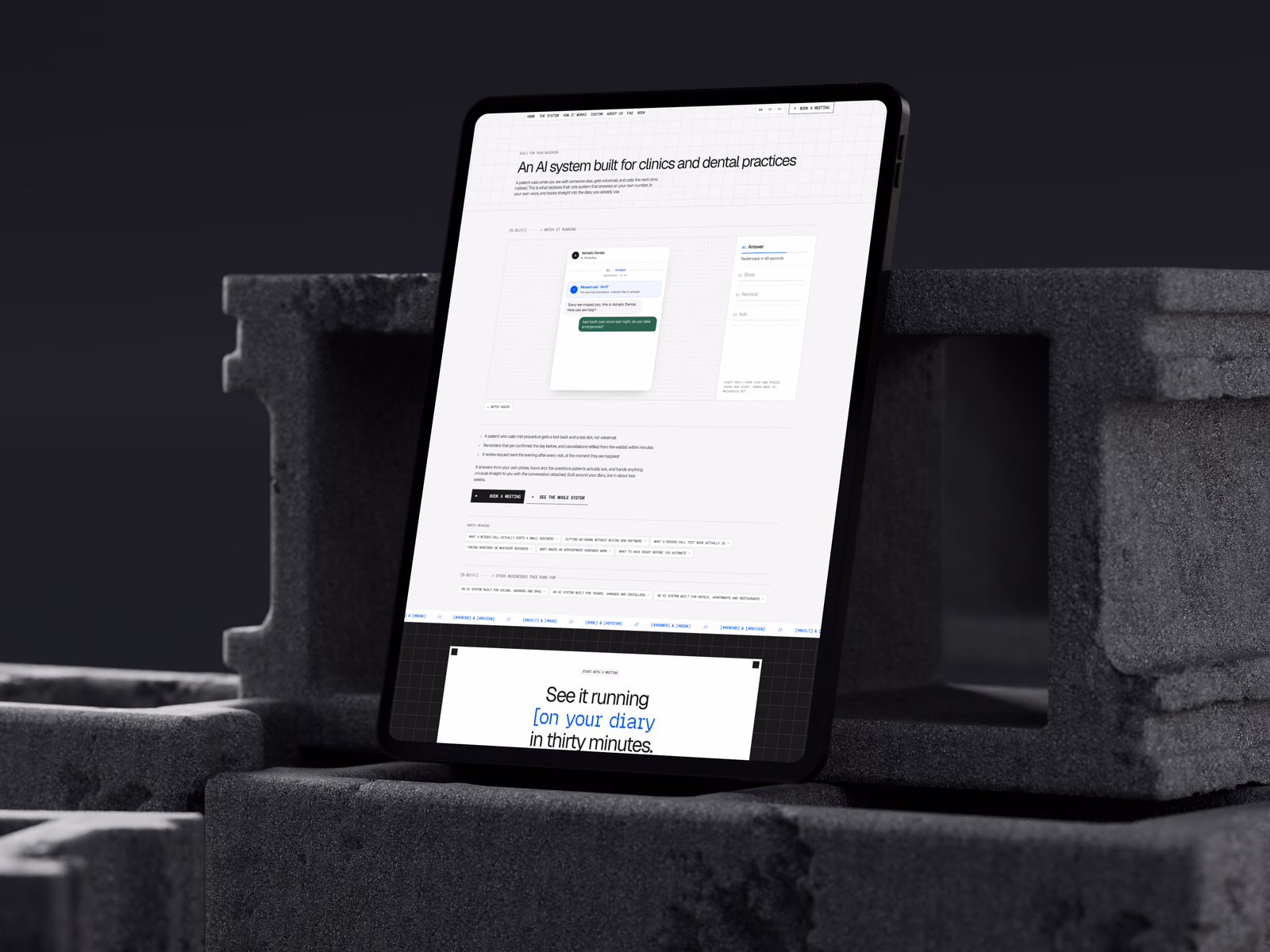 The clinics and dental practices page end to end, from the missed-call demo down to the closing invitation to see it running on your own diary