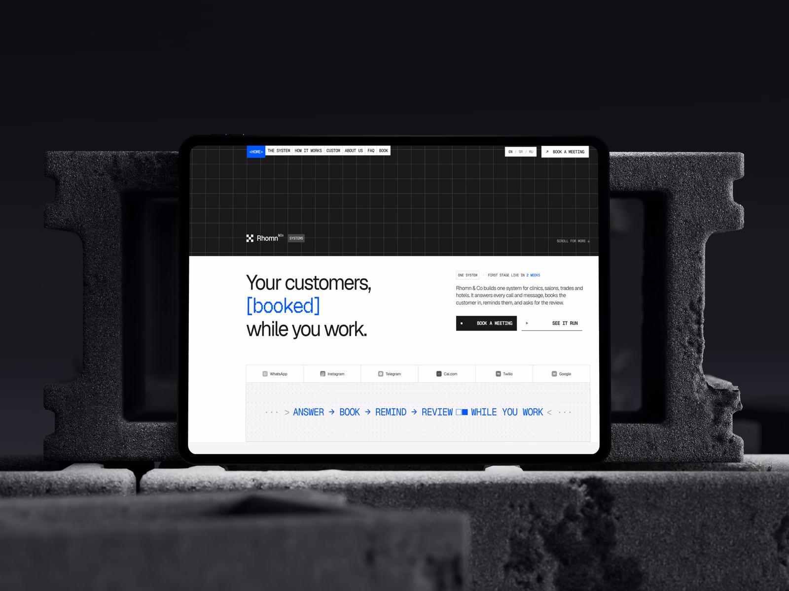 The Rhomn Systems home page, headed Your customers, booked while you work, with the WhatsApp, Instagram, Telegram, Cal.com, Twilio and Google connections listed beneath it